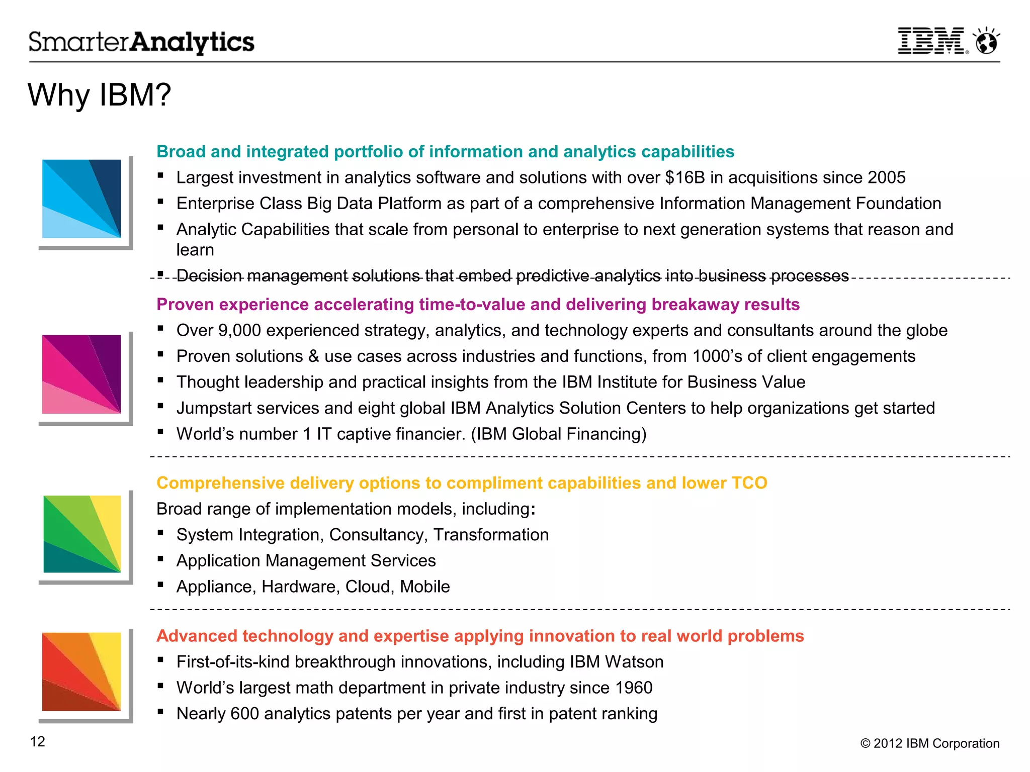 Why IBM?
       Broad and integrated portfolio of information and analytics capabilities
        Largest investment in analytics software and solutions with over $16B in acquisitions since 2005
        Enterprise Class Big Data Platform as part of a comprehensive Information Management Foundation
        Analytic Capabilities that scale from personal to enterprise to next generation systems that reason and
         learn
        Decision management solutions that embed predictive analytics into business processes
       Proven experience accelerating time-to-value and delivering breakaway results
        Over 9,000 experienced strategy, analytics, and technology experts and consultants around the globe
        Proven solutions & use cases across industries and functions, from 1000’s of client engagements
        Thought leadership and practical insights from the IBM Institute for Business Value
        Jumpstart services and eight global IBM Analytics Solution Centers to help organizations get started
        World’s number 1 IT captive financier. (IBM Global Financing)

       Comprehensive delivery options to compliment capabilities and lower TCO
       Broad range of implementation models, including:
        System Integration, Consultancy, Transformation
        Application Management Services
        Appliance, Hardware, Cloud, Mobile

       Advanced technology and expertise applying innovation to real world problems
        First-of-its-kind breakthrough innovations, including IBM Watson
        World’s largest math department in private industry since 1960
        Nearly 600 analytics patents per year and first in patent ranking
12                                                                                                 © 2012 IBM Corporation
 