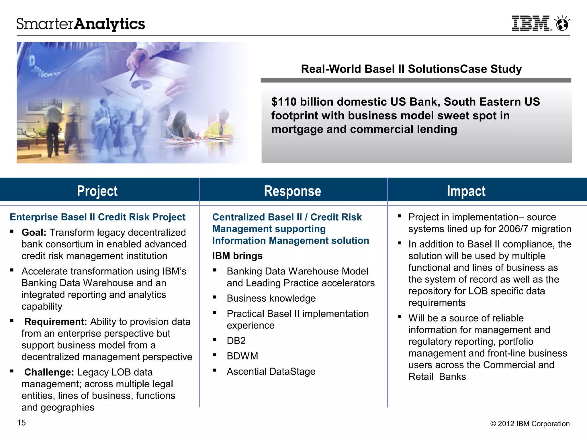 Real-World Basel II SolutionsCase Study

                                                         $110 billion domestic US Bank, South Eastern US
                                                         footprint with business model sweet spot in
                                                         mortgage and commercial lending




              Project                                  Response                               Impact
Enterprise Basel II Credit Risk Project    Centralized Basel II / Credit Risk       Project in implementation– source
 Goal: Transform legacy decentralized     Management supporting                     systems lined up for 2006/7 migration
  bank consortium in enabled advanced      Information Management solution          In addition to Basel II compliance, the
  credit risk management institution       IBM brings                                solution will be used by multiple
 Accelerate transformation using IBM’s     Banking Data Warehouse Model            functional and lines of business as
  Banking Data Warehouse and an               and Leading Practice accelerators      the system of record as well as the
  integrated reporting and analytics                                                 repository for LOB specific data
                                            Business knowledge
  capability                                                                         requirements
                                              Practical Basel II implementation    Will be a source of reliable
 Requirement: Ability to provision data       experience
  from an enterprise perspective but                                                 information for management and
                                              DB2                                   regulatory reporting, portfolio
  support business model from a
  decentralized management perspective        BDWM                                  management and front-line business
                                                                                     users across the Commercial and
 Challenge: Legacy LOB data                  Ascential DataStage
                                                                                     Retail Banks
  management; across multiple legal
  entities, lines of business, functions
  and geographies
 15                                                                                                     © 2012 IBM Corporation
 