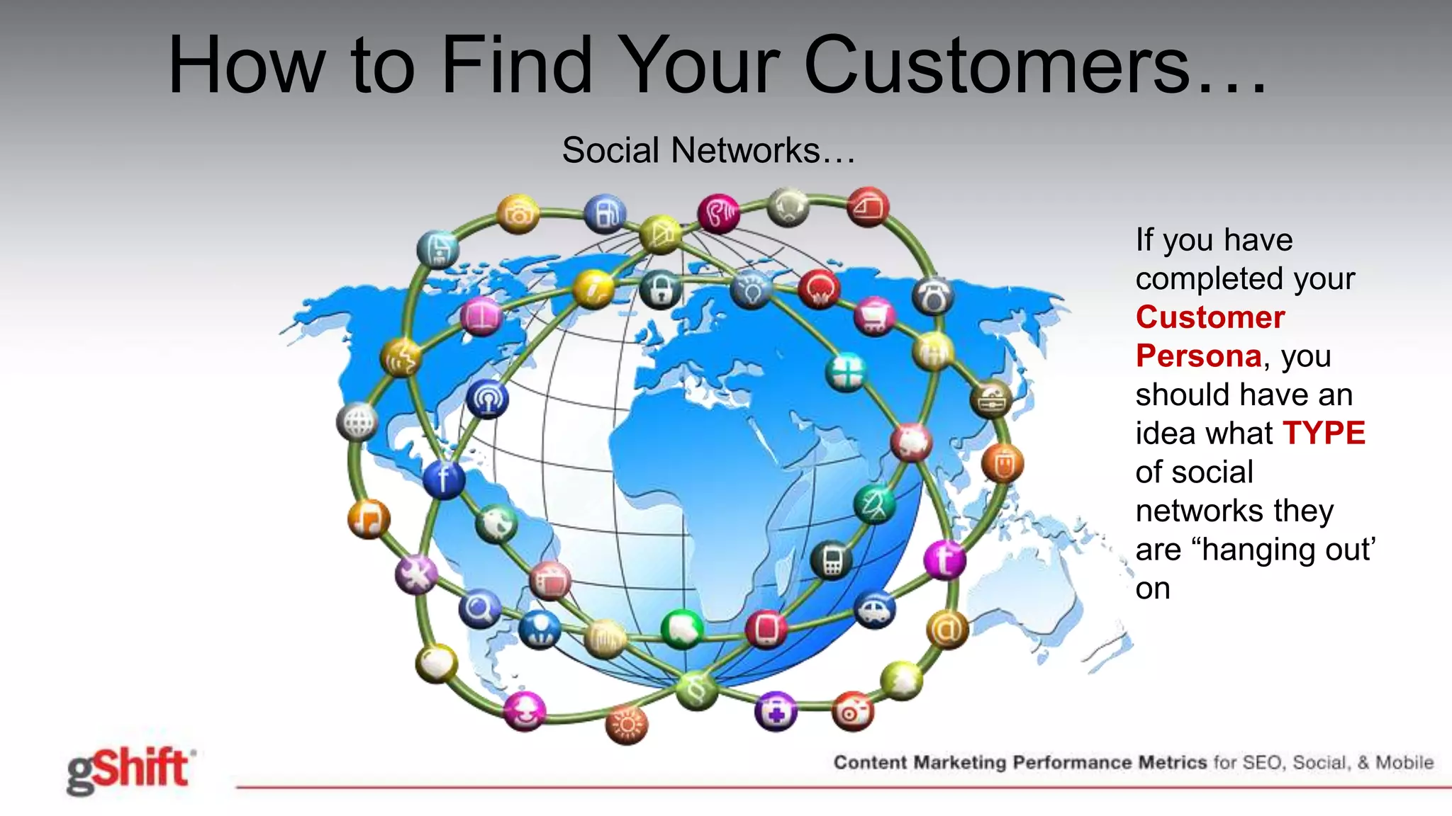 How to Find Your Customers…
Social Networks…
If you have
completed your
Customer
Persona, you
should have an
idea what TYPE
of social
networks they
are “hanging out’
on
 