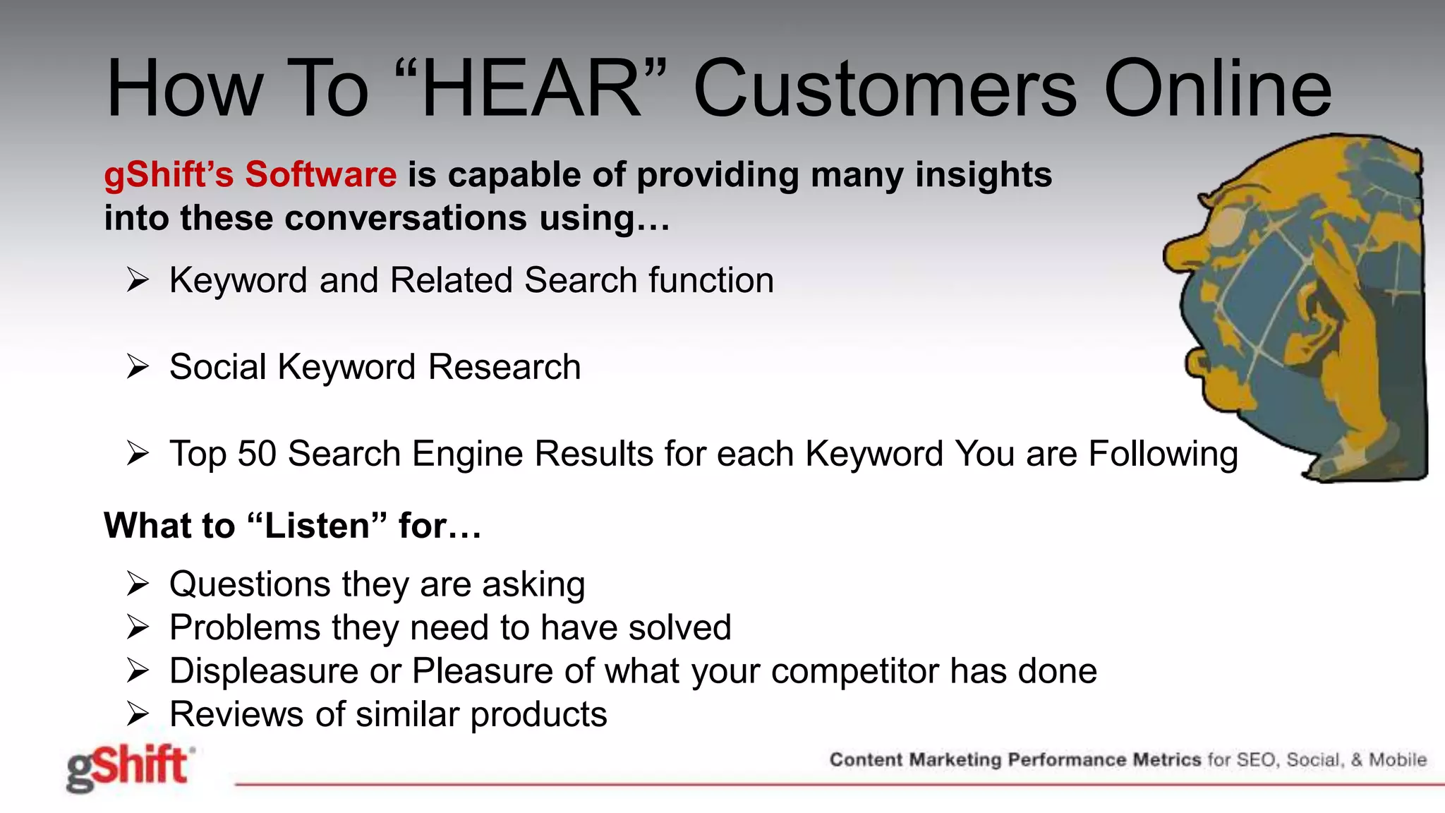 How To “HEAR” Customers Online
gShift’s Software is capable of providing many insights
into these conversations using…
 Keyword and Related Search function
 Social Keyword Research
 Top 50 Search Engine Results for each Keyword You are Following
What to “Listen” for…
 Questions they are asking
 Problems they need to have solved
 Displeasure or Pleasure of what your competitor has done
 Reviews of similar products
 