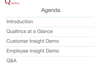 Agenda 
Introduction 
Qualtrics at a Glance 
Customer Insight Demo 
Employee Insight Demo 
Q&A 
 