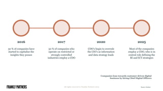 Companies lean towards customer driven digital
business by hiring Chief Digital Officers
All rights reserved © Frankly Partners 2015 Source: Gartner
2016
30 % of companies have
started to capitalize the
insights they posses
2017
50 % of companies who
operate on restricted or
strongly controlled
industries employ a CDO
2020
CDO’s begin to overrule
the CIO’s as information
and data strategy leads
2025
Most of the companies
employ a CDO, who is in
central role defining the
BI and ICT strategies
 