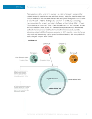 White Paper   the Customer as a strategic asset




              Placing customers at the center of the business—no matter what industry or segment that
              business serves—is more than a sound operational decision; study after study has shown that
              doing so is the key to unlocking enterprise value and driving share price growth. The proportion
              of corporate profit—and EPS—that high-value customers are contributing is surprisingly
              high; depending on the company and industry, the figures can be shocking. Selden, in “Angel
              Customers & Demon Customers”, cites a Canadian bank at which 17% of customers account
              for 93% of the bank’s profits, as well as a software company that could prove demonstrable
              profitability from only seven of its 307 customers. One firm in Selden’s book posted the
              astonishing statistic that 30% of customers accounted for 325% of profits—and a bit of simple
              math in this case demonstrates that the remaining customers were not only not profitable, but
              were costing the company dearly to keep.

                FIGure Four




              Comprehensive Customer and enterprise solutions ©2010 teletech holdings, inc. - all rights reserved.   11
 