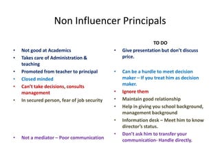 Non Influencer Principals
                                                                TO DO
•   Not good at Academics                     •   Give presentation but don’t discuss
•   Takes care of Administration &                price.
    teaching
•   Promoted from teacher to principal        •   Can be a hurdle to meet decision
•   Closed minded                                 maker – If you treat him as decision
•   Can’t take decisions, consults                maker.
    management                                •   Ignore them
•   In secured person, fear of job security   •   Maintain good relationship
                                              •   Help in giving you school background,
                                                  management background
                                              •   Information desk – Meet him to know
                                                  director’s status.
                                              •   Don’t ask him to transfer your
•   Not a mediator – Poor communication           communication- Handle directly.
 