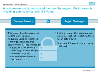 © 2014 IBM Corporation6
A government entity anticipated the need to support 10x increase in
incoming data volumes over 3-5 years …
IBM Presentation Template Full Version
Business Problem Project Challenges
 This Master Data Management
(MDM) client compares
frequently updated records to
identify potential national
security threats. They needed to:
– Support a 10X increase in
incoming data volumes (in
the next 3-5 years)
– Reduce high software and
hardware costs
 Create a solution that could support
scalable probabilistic matching for up
to 10X data growth
 Modernize ETL practices and remove
bottlenecks
 