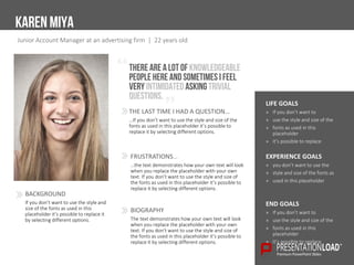 KAREN MIYA
THE LAST TIME I HAD A QUESTION…
…If you don’t want to use the style and size of the
fonts as used in this placeholder it’s possible to
replace it by selecting different options.
FRUSTRATIONS…
…the text demonstrates how your own text will look
when you replace the placeholder with your own
text. If you don’t want to use the style and size of
the fonts as used in this placeholder it’s possible to
replace it by selecting different options.
BACKGROUND
If you don’t want to use the style and
size of the fonts as used in this
placeholder it’s possible to replace it
by selecting different options.
LIFE GOALS
» If you don’t want to
» use the style and size of the
» fonts as used in this
placeholder
» it’s possible to replace
EXPERIENCE GOALS
» you don’t want to use the
» style and size of the fonts as
» used in this placeholder
END GOALS
» If you don’t want to
» use the style and size of the
» fonts as used in this
placeholder
» it’s possible to replace
Junior Account Manager at an advertising firm | 22 years old
THERE AREALOT OF KNOWLEDGEABLE
PEOPLE HERE AND SOMETIMES I FEEL
VERYINTIMIDATEDASKINGTRIVIAL
QUESTIONS.
BIOGRAPHY
The text demonstrates how your own text will look
when you replace the placeholder with your own
text. If you don’t want to use the style and size of
the fonts as used in this placeholder it’s possible to
replace it by selecting different options.
 