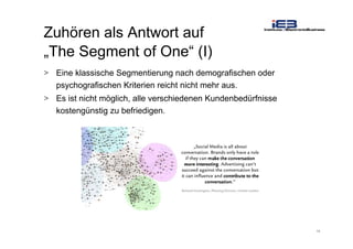 14
Zuhören als Antwort auf
„The Segment of One“ (I)
> Eine klassische Segmentierung nach demografischen oder
psychografischen Kriterien reicht nicht mehr aus.
> Es ist nicht möglich, alle verschiedenen Kundenbedürfnisse
kostengünstig zu befriedigen.
 