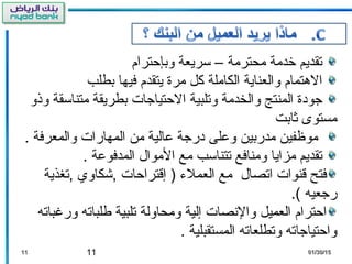 11
‫وبإحترام‬ ‫تسريعة‬ – ‫محترمة‬ ‫رخدمة‬ ‫تقديم‬
‫بطلب‬ ‫فيها‬ ‫يتقدم‬ ‫مرة‬ ‫ثكل‬ ‫الكاملة‬ ‫والعناية‬ ‫الهتمام‬
‫وذو‬ ‫متناتسقة‬ ‫بطريقة‬ ‫الحتياجات‬ ‫وتلبية‬ ‫والخدمة‬ ‫المنتج‬ ‫جودة‬
‫ثابت‬ ‫مستوى‬
. ‫والمعرفة‬ ‫المهارات‬ ‫من‬ ‫لعالية‬ ‫درجة‬ ‫ولعلى‬ ‫مدربين‬ ‫موظفين‬
. ‫المدفولعة‬ ‫الموال‬ ‫مع‬ ‫تتناتسب‬ ‫ومنافع‬ ‫مزايا‬ ‫تقديم‬
‫,تغذية‬ ‫,شكاوي‬ ‫إقتراحات‬ ) ‫العملء‬ ‫مع‬ ‫اتصال‬ ‫قنوات‬ ‫فتح‬
.( ‫رجعيه‬
‫ورغباته‬ ‫لطلباته‬ ‫تلبية‬ ‫ومحاولة‬ ‫إلية‬ ‫والنصات‬ ‫العميل‬ ‫احترام‬
. ‫المستقبلية‬ ‫وتطلعاته‬ ‫واحتياجاته‬
1111 01/30/1501/30/15
 