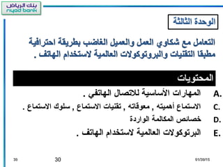 30 01/30/1501/30/153030
‫المحتويات‬
A.. ‫الهاتفي‬ ‫للتصال‬ ‫الساسية‬ ‫المهارات‬
C.. ‫الستماع‬ ‫سلوك‬ , ‫الستماع‬ ‫تقنيات‬ , ‫معوقاته‬ , ‫أهميته‬ ‫الستماع‬
D.‫الواردة‬ ‫المكالمة‬ ‫خصائص‬
E.. ‫الهاتف‬ ‫لستخدام‬ ‫العالمية‬ ‫البرتوكولت‬
 