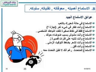 35 01/30/1501/30/153535
‫بالتعب‬ ‫شعورك‬ ‫حالة‬ ‫في‬ ‫الستماع‬
(‫؟‬ ‫)إجازة‬ ‫أخر‬ ‫شي ء‬ ‫في‬ ‫تفكر‬ ‫وأنت‬ ‫الستماع‬
. ‫الشخصي‬ ‫انتباهك‬ ‫تلفت‬ ‫صغيرة‬ ‫نقاط‬ ‫في‬ ‫فقط‬ ‫الستماع‬
. ‫حولك‬ ‫ضوضا ء‬ ‫بسبب‬ ‫مشوش‬ ‫وأنت‬ ‫الستماع‬
‫ز‬ ‫قصيرة‬ ‫فترات‬ ‫على‬ ‫تنتبه‬ ‫وأنت‬ ‫الستماع‬
. ‫الزمني‬ ‫التوقيت‬ ‫بضغط‬ ‫تشعر‬ ‫وأنت‬ ‫الستماع‬
. ‫قلق‬ ‫وأنت‬ ‫الستماع‬
. ‫معه‬ ‫التحدث‬ ‫تقبل‬ ‫ل‬ ‫أنك‬ ‫رغم‬ ‫للمتحدث‬ ‫الستماع‬
 