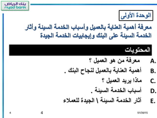 4
‫المحتويات‬
A.‫؟‬ ‫العميل‬ ‫هو‬ ‫من‬ ‫معرفة‬
B.. ‫البنك‬ ‫لنجاح‬ ‫بالعميل‬ ‫العناية‬ ‫أهمية‬
C.‫؟‬ ‫العميل‬ ‫يريد‬ ‫ماذا‬
D.. ‫السيئة‬ ‫الخدمة‬ ‫أسباب‬
E.‫الخدمة‬ ‫آثار‬‫الجيدة‬  ‫السيئة‬‫للعمل.ء‬
44 01/30/1501/30/15
 