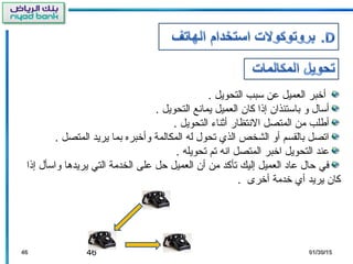 46 01/30/1501/30/154646
. ‫التحويل‬ ‫سبب‬ ‫عن‬ ‫العميل‬ ‫أخبر‬
. ‫التحويل‬ ‫يمانع‬ ‫العميل‬ ‫كان‬ ‫إذا‬ ‫باستئذان‬ ‫و‬ ‫أسال‬
. ‫التحويل‬ ‫أثناء‬ ‫النتظار‬ ‫المتصل‬ ‫من‬ ‫أطلب‬
. ‫المتصل‬ ‫يريد‬ ‫بما‬ ‫وأخبره‬ ‫المكالمة‬ ‫له‬ ‫تحول‬ ‫الذي‬ ‫الشخص‬ ‫أو‬ ‫بالقسم‬ ‫اتصل‬
. ‫تحويله‬ ‫تم‬ ‫انه‬ ‫المتصل‬ ‫اخبر‬ ‫التحويل‬ ‫عند‬
‫إذا‬ ‫واسأل‬ ‫يريدها‬ ‫التي‬ ‫الخدمة‬ ‫على‬ ‫حل‬ ‫العميل‬ ‫أن‬ ‫من‬ ‫تأكد‬ ‫إليك‬ ‫العميل‬ ‫عاد‬ ‫حال‬ ‫في‬
. ‫أخرى‬ ‫خدمة‬ ‫أي‬ ‫يريد‬ ‫كان‬
 