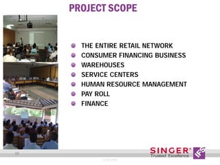 PROJECT SCOPE
THE ENTIRE RETAIL NETWORK
CONSUMER FINANCING BUSINESS
WAREHOUSES
SERVICE CENTERS
HUMAN RESOURCE MANAGEMENT
PAY ROLL
FINANCE

12
© 2013 IFS

 