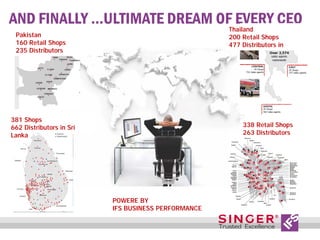 AND FINALLY …ULTIMATE DREAM OF EVERY CEO
Thailand
200 Retail Shops
477 Distributors in

Pakistan
160 Retail Shops
235 Distributors

381 Shops
662 Distributors in Sri
Lanka

338 Retail Shops
263 Distributors

POWERE BY
IFS BUSINESS PERFORMANCE

 