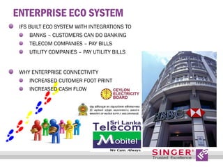 ENTERPRISE ECO SYSTEM
IFS BUILT ECO SYSTEM WITH INTEGRATIONS TO
BANKS – CUSTOMERS CAN DO BANKING
TELECOM COMPANIES – PAY BILLS
UTILITY COMPANIES – PAY UTILITY BILLS
WHY ENTERPRISE CONNECTIVITY
INCREASED CUTOMER FOOT PRINT
INCREASED CASH FLOW

 