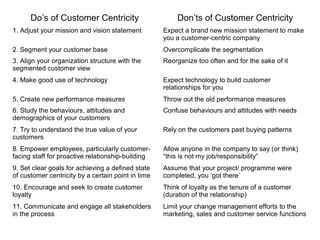 Do’s of Customer Centricity Don’ts of Customer Centricity
1. Adjust your mission and vision statement Expect a brand new m...