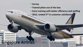 • Survey 
• Trained pilots out of the box 
• Extra training with better efficiency and staffing 
• 2012, ranked 3rd in customer satisfaction. 
Singapore Airlines 
 