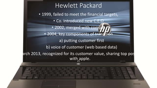 Hewlett Packard 
• 1999, failed to meet the financial targets, 
• Co. introduced new C.E.O 
• 2002, merged with compac 
• 2004, key components of transition 
a) putting customer first 
b) voice of customer (web based data) 
• March 2013, recognized for its customer value, sharing top postion 
with apple. 
 