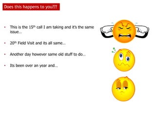 • This is the 15th call I am taking and it’s the same
issue…
• 20th Field Visit and its all same…
• Another day however same old stuff to do…
• Its been over an year and…
Does this happens to you???
 