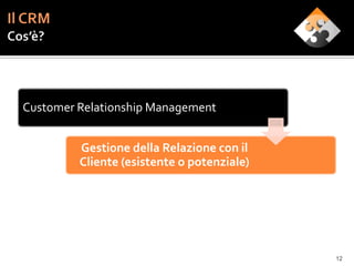 Customer Relationship Management


         Gestione della Relazione con il
         Cliente (esistente o potenziale)




                                            12
 