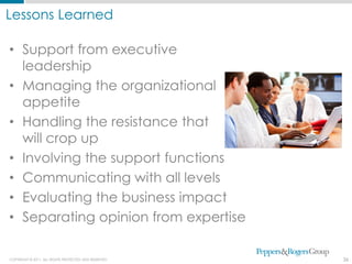 Lessons Learned

• Support from executive
  leadership
• Managing the organizational
  appetite
• Handling the resistance that
  will crop up
• Involving the support functions
• Communicating with all levels
• Evaluating the business impact
• Separating opinion from expertise

COPYRIGHT © 2011. ALL RIGHTS PROTECTED AND RESERVED.   36
 