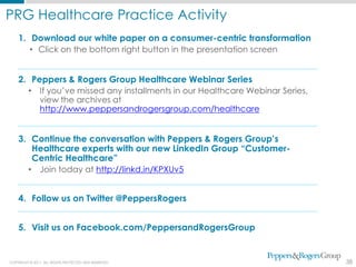 PRG Healthcare Practice Activity
    1. Download our white paper on a consumer-centric transformation
          • Click on the bottom right button in the presentation screen


    2. Peppers & Rogers Group Healthcare Webinar Series
         •     If you’ve missed any installments in our Healthcare Webinar Series,
               view the archives at
               http://www.peppersandrogersgroup.com/healthcare


    3. Continue the conversation with Peppers & Rogers Group’s
       Healthcare experts with our new LinkedIn Group “Customer-
       Centric Healthcare”
         •     Join today at http://linkd.in/KPXUv5


    4. Follow us on Twitter @PeppersRogers


    5. Visit us on Facebook.com/PeppersandRogersGroup


COPYRIGHT © 2011. ALL RIGHTS PROTECTED AND RESERVED.                                 38
 