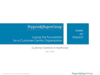 make
                                                                                              an
                                Laying the Foundation                                     impact!
                   for a Customer-Centric Organization

                                                      Customer Centricity in Healthcare
                                                                  May 17, 2012




COPYRIGHT © 2012 ALL RIGHTS PROTECTED AND RESERVED.
 