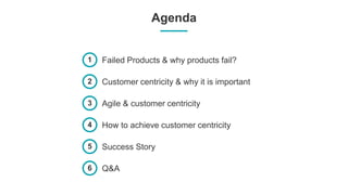 Agenda
1 Failed Products & why products fail?
2 Customer centricity & why it is important
3 Agile & customer centricity
4 How to achieve customer centricity
5 Success Story
6 Q&A
 