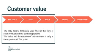 Customer value
The only base to formulate your price in this flow is
your product and the cost it represents.
The value and the reaction of the customer is only a
consequense of this price.
 