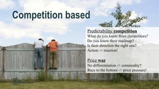 Competition based
Predictability competition
What do you know from competitors?
Do you know their roadmap?
Is their direction the right one?
Action -> reaction!
Price war
No differentiation -> commodity?
Race to the bottom -> price pressure!
 