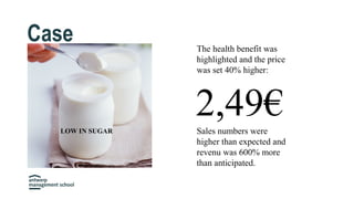LOW IN SUGAR
Case The health benefit was
highlighted and the price
was set 40% higher:
2,49€Sales numbers were
higher than expected and
revenu was 600% more
than anticipated.
 