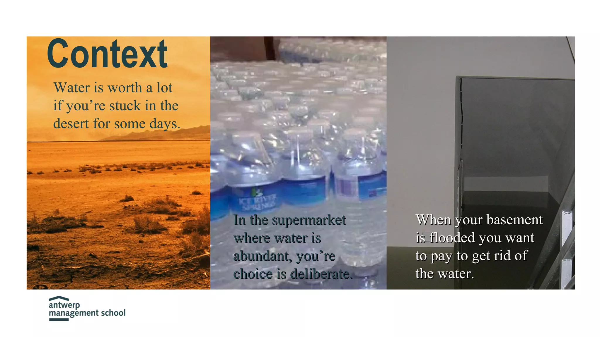 Context
Water is worth a lot
if you’re stuck in the
desert for some days.
When your basementWhen your basement
is flooded you wantis flooded you want
to pay to get rid ofto pay to get rid of
the water.the water.
In the supermarketIn the supermarket
where water iswhere water is
abundant, you’reabundant, you’re
choice is deliberate.choice is deliberate.
 
