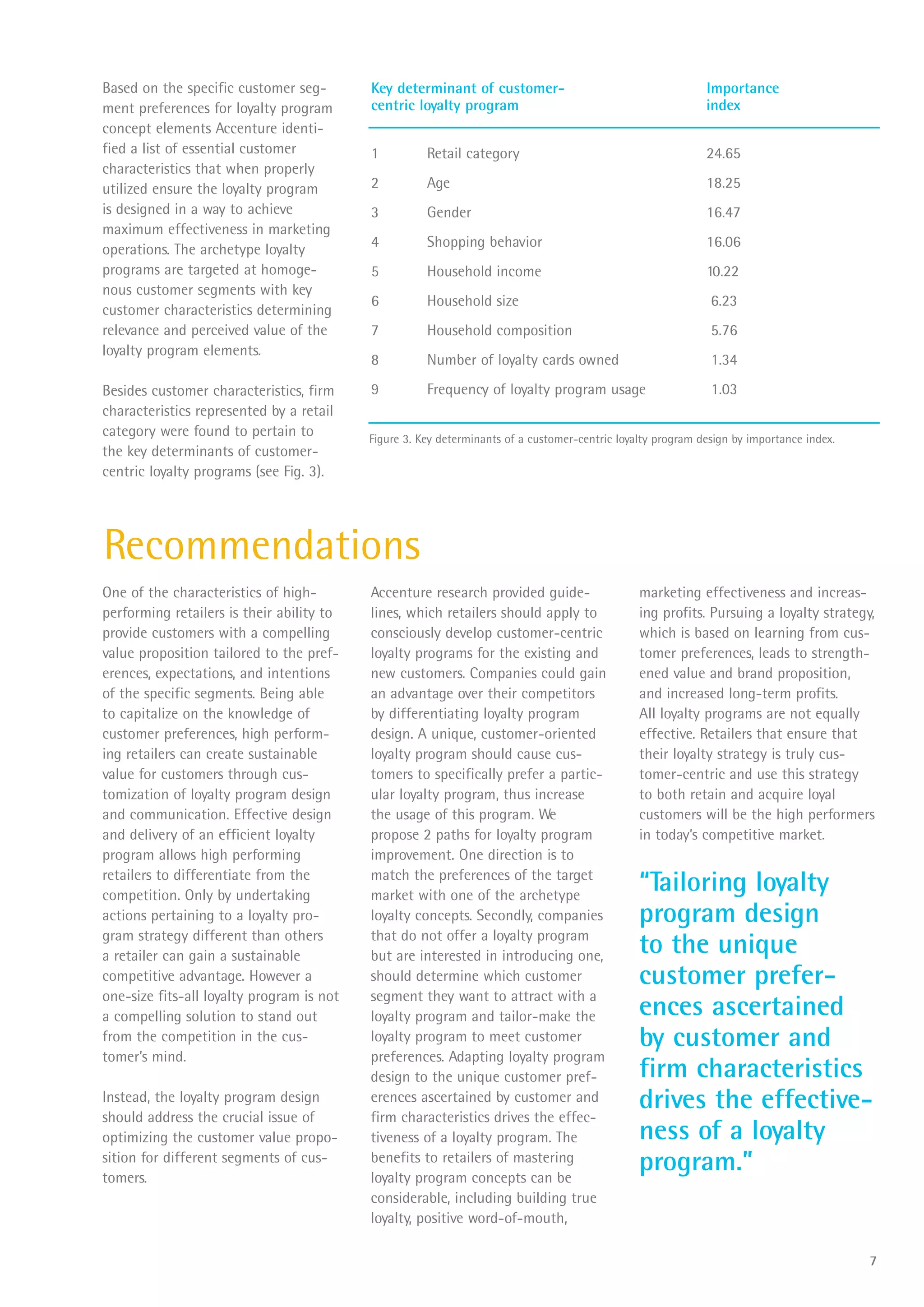 Based on the specific customer seg-        Key determinant of customer-                                      Importance
ment preferences for loyalty program       centric loyalty program                                           index
concept elements Accenture identi-
fied a list of essential customer          1          Retail category                                        24.65
characteristics that when properly
utilized ensure the loyalty program        2          Age                                                    18.25
is designed in a way to achieve            3          Gender                                                 16.47
maximum effectiveness in marketing
operations. The archetype loyalty          4          Shopping behavior                                      16.06
programs are targeted at homoge-           5          Household income                                       10.22
nous customer segments with key
                                           6          Household size                                          6.23
customer characteristics determining
relevance and perceived value of the       7          Household composition                                   5.76
loyalty program elements.
                                           8          Number of loyalty cards owned                           1.34
Besides customer characteristics, firm     9          Frequency of loyalty program usage                      1.03
characteristics represented by a retail
category were found to pertain to          Figure 3. Key determinants of a customer-centric loyalty program design by importance index.
the key determinants of customer-
centric loyalty programs (see Fig. 3).




Recommendations
One of the characteristics of high-        Accenture research provided guide-                   marketing effectiveness and increas-
performing retailers is their ability to   lines, which retailers should apply to               ing profits. Pursuing a loyalty strategy,
provide customers with a compelling        consciously develop customer-centric                 which is based on learning from cus-
value proposition tailored to the pref-    loyalty programs for the existing and                tomer preferences, leads to strength-
erences, expectations, and intentions      new customers. Companies could gain                  ened value and brand proposition,
of the specific segments. Being able       an advantage over their competitors                  and increased long-term profits.
to capitalize on the knowledge of          by differentiating loyalty program                   All loyalty programs are not equally
customer preferences, high perform-        design. A unique, customer-oriented                  effective. Retailers that ensure that
ing retailers can create sustainable       loyalty program should cause cus-                    their loyalty strategy is truly cus-
value for customers through cus-           tomers to specifically prefer a partic-              tomer-centric and use this strategy
tomization of loyalty program design       ular loyalty program, thus increase                  to both retain and acquire loyal
and communication. Effective design        the usage of this program. We                        customers will be the high performers
and delivery of an efficient loyalty       propose 2 paths for loyalty program                  in today’s competitive market.
program allows high performing             improvement. One direction is to
retailers to differentiate from the
competition. Only by undertaking
                                           match the preferences of the target
                                           market with one of the archetype
                                                                                                “Tailoring loyalty
actions pertaining to a loyalty pro-       loyalty concepts. Secondly, companies                program design
gram strategy different than others        that do not offer a loyalty program
a retailer can gain a sustainable          but are interested in introducing one,
                                                                                                to the unique
competitive advantage. However a           should determine which customer                      customer prefer-
one-size fits-all loyalty program is not   segment they want to attract with a
a compelling solution to stand out         loyalty program and tailor-make the                  ences ascertained
from the competition in the cus-           loyalty program to meet customer                     by customer and
tomer’s mind.                              preferences. Adapting loyalty program
                                           design to the unique customer pref-                  firm characteristics
Instead, the loyalty program design        erences ascertained by customer and                  drives the effective-
should address the crucial issue of        firm characteristics drives the effec-
optimizing the customer value propo-       tiveness of a loyalty program. The                   ness of a loyalty
sition for different segments of cus-
tomers.
                                           benefits to retailers of mastering
                                           loyalty program concepts can be
                                                                                                program.”
                                           considerable, including building true
                                           loyalty, positive word-of-mouth,

                                                                                                                                          7
 