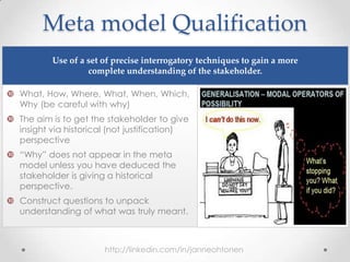 Meta model Qualification
 What, How, Where, What, When, Which,
Why (be careful with why)
 The aim is to get the stakeholder to give
insight via historical (not justification)
perspective
 “Why” does not appear in the meta
model unless you have deduced the
stakeholder is giving a historical
perspective.
 Construct questions to unpack
understanding of what was truly meant.
Use of a set of precise interrogatory techniques to gain a more
complete understanding of the stakeholder.
http://linkedin.com/in/janneohtonen
 
