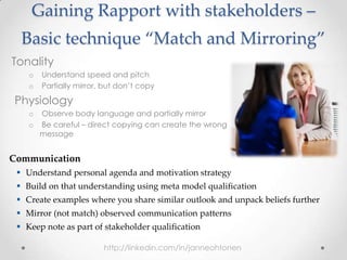 Gaining Rapport with stakeholders –
Basic technique “Match and Mirroring”
Tonality
o Understand speed and pitch
o Partially mirror, but don’t copy
Physiology
o Observe body language and partially mirror
o Be careful – direct copying can create the wrong
message
Communication
 Understand personal agenda and motivation strategy
 Build on that understanding using meta model qualification
 Create examples where you share similar outlook and unpack beliefs further
 Mirror (not match) observed communication patterns
 Keep note as part of stakeholder qualification
http://linkedin.com/in/janneohtonen
 