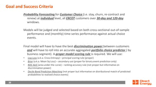 23
23
23
Goal and Success Criteria
Probability Forecasting for Customer Choice (i.e. stay, churn, re-contract and
renew) at individual level, all ERCOT customers over 30-day and 120-day
windows.
Models will be judged and selected based on both cross-sectional out-of-sample
performance and (monthly) time-series performance against actual choice
events.
Final model will have to have the best discrimination power between customers
and will have to roll into an accurate aggregated portfolio choice predictor ( by
business segment). A proper model scoring rule is required. We will use:
• Log-Loss (a.k.a. Cross Entropy) – principal scoring rule (proper)
• Brier (a.k.a. Mean Sq Loss) – secondary use (proper for binary event prediction only)
• ROC AUC (area under the curve) – ranking accuracy rule (not proper but informative on
discrimination power)
• Decile Band Prediction Matching (not proper but informative on distributional match of predicted
probabilities to realized choice events)
 