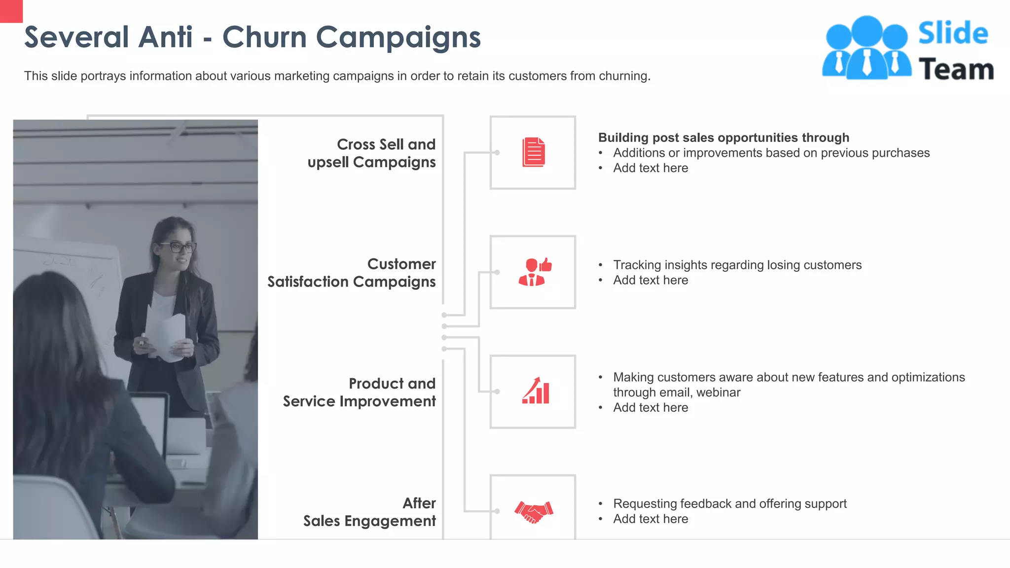 Several Anti - Churn Campaigns
17
This slide portrays information about various marketing campaigns in order to retain its customers from churning.
Building post sales opportunities through
• Additions or improvements based on previous purchases
• Add text here
• Tracking insights regarding losing customers
• Add text here
Cross Sell and
upsell Campaigns
After
Sales Engagement
Product and
Service Improvement
Customer
Satisfaction Campaigns
• Making customers aware about new features and optimizations
through email, webinar
• Add text here
• Requesting feedback and offering support
• Add text here
This slide is 100% editable. Adapt it to your needs and capture your audience's attention.
 