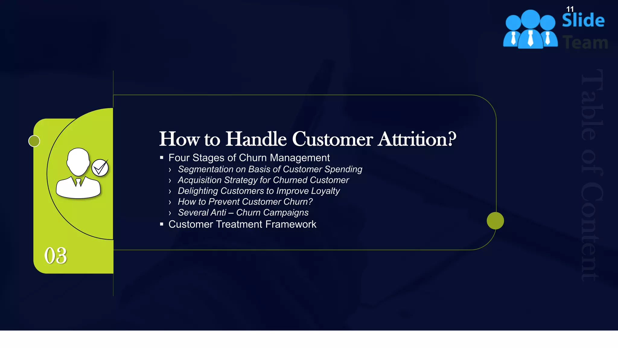 11
03
How to Handle Customer Attrition?
▪ Four Stages of Churn Management
› Segmentation on Basis of Customer Spending
› Acquisition Strategy for Churned Customer
› Delighting Customers to Improve Loyalty
› How to Prevent Customer Churn?
› Several Anti – Churn Campaigns
▪ Customer Treatment Framework
 
