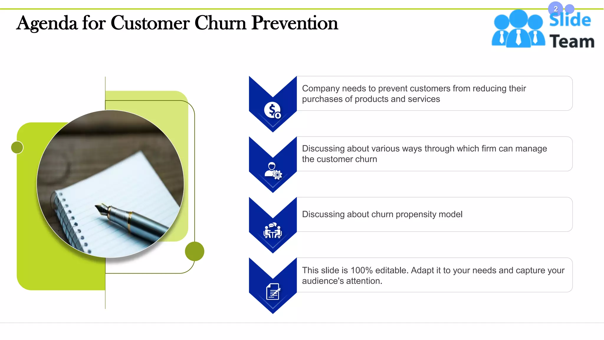 Company needs to prevent customers from reducing their
purchases of products and services
Discussing about various ways through which firm can manage
the customer churn
Discussing about churn propensity model
This slide is 100% editable. Adapt it to your needs and capture your
audience's attention.
Agenda for Customer Churn Prevention
2
 