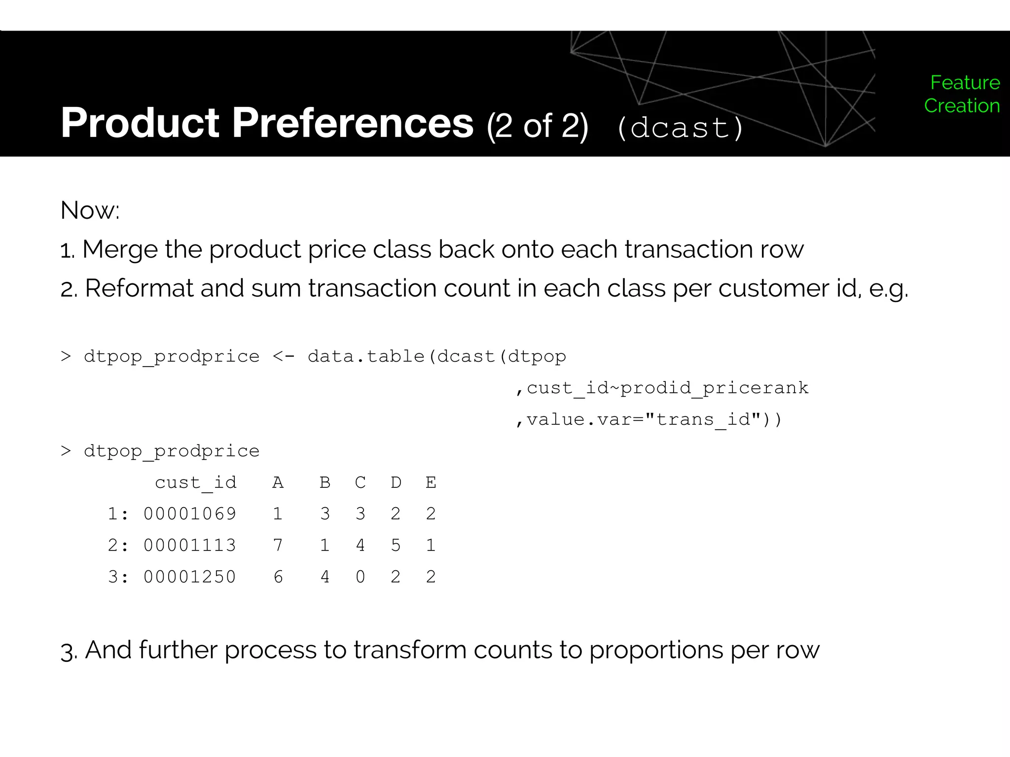 Product Preferences (2 of 2) (dcast)
Feature
Creation
Now:
1. Merge the product price class back onto each transaction row
2. Reformat and sum transaction count in each class per customer id, e.g.
> dtpop_prodprice <- data.table(dcast(dtpop
,cust_id~prodid_pricerank
,value.var="trans_id"))
> dtpop_prodprice
cust_id A B C D E
1: 00001069 1 3 3 2 2
2: 00001113 7 1 4 5 1
3: 00001250 6 4 0 2 2
3. And further process to transform counts to proportions per row
 