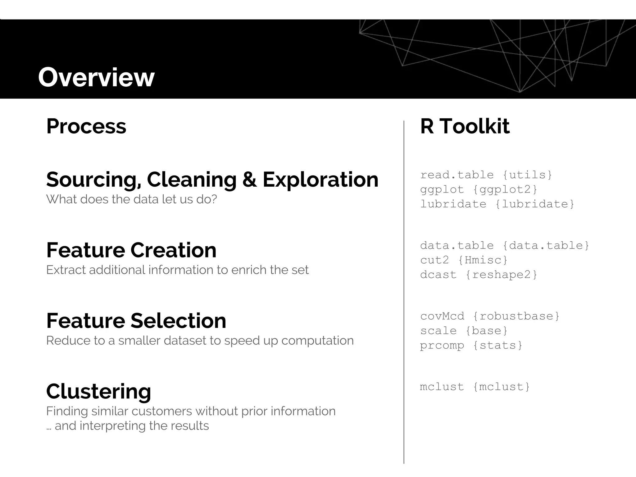 Process R Toolkit
Sourcing, Cleaning & Exploration
What does the data let us do?
read.table {utils}
ggplot {ggplot2}
lubridate {lubridate}
Feature Creation
Extract additional information to enrich the set
data.table {data.table}
cut2 {Hmisc}
dcast {reshape2}
Feature Selection
Reduce to a smaller dataset to speed up computation
covMcd {robustbase}
scale {base}
prcomp {stats}
Clustering
Finding similar customers without prior information
… and interpreting the results
mclust {mclust}
Overview
 