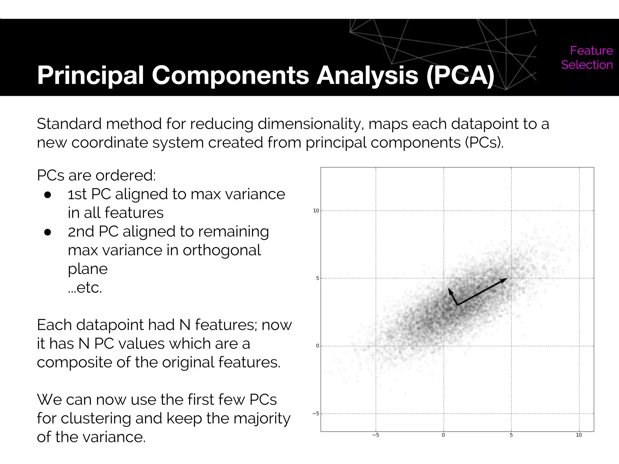 Principal Components Analysis (PCA)
Feature
Selection
Standard method for reducing dimensionality, maps each datapoint to a
new coordinate system created from principal components (PCs).
PCs are ordered:
● 1st PC aligned to max variance
in all features
● 2nd PC aligned to remaining
max variance in orthogonal
plane
...etc.
Each datapoint had N features; now
it has N PC values which are a
composite of the original features.
We can now use the first few PCs
for clustering and keep the majority
of the variance.
 