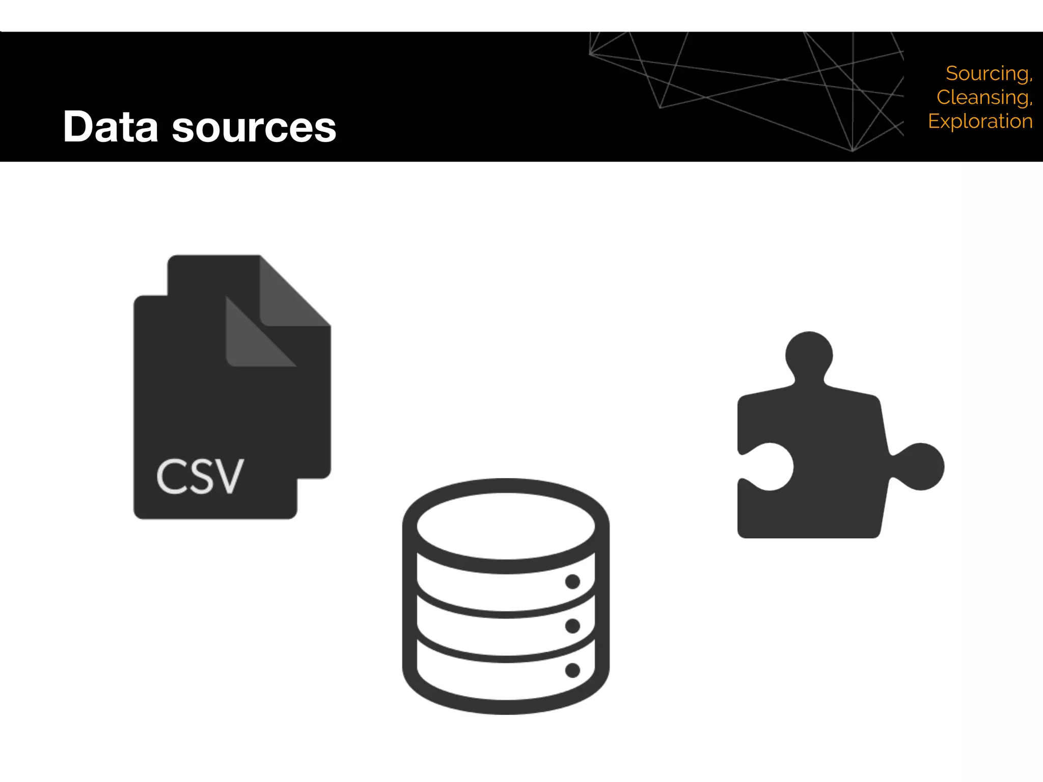 Data sources
Sourcing,
Cleansing,
Exploration
 