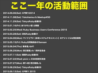 • 2014.09.06(Sat) XP祭り2014
• 2014.11.08(Sat) Yokohama.rb Meetup#50
• 2014.11.29(Sat) TokyuRuby会議08
• 2015.01.16(Fri) ありがたい話 公開版
• 2015.02.25(Wed) Ruby Business Users Conference 2015
• 2015.03.28(Sat) 浜松Ruby会議01
• 2015.04.06(Mon) マイナビTV【永和システムマネジメント】のアジャイルな受託開発
• 2015.05.15(Fri) Ruby合同勉強会＠Sansan
• 2015.06.04(Thu) 表参道.rb#1
• 2015.06.29(Mon) 西日暮里.rb 1周年記念会
• 2015.07.11(Sat) 関西Ruby会議06
• 2015.07.22(Wed) pixiv x ESM技術交流会
• 2015.07.27(Mon) 第14回 西日暮里.rb
• 2015.08.29(Sat) TokyuRuby会議09
• 2015.09.12(Sat) XP祭り 2015
ここ一年の活動範囲
 