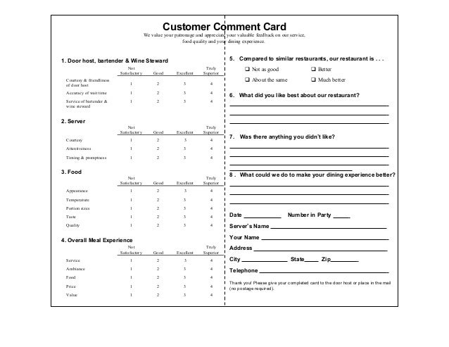 customer comment cards restaurant comment card