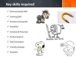  Communication Skill
 Listening Skill
 Problem Solving Skill
 Flexibility
 Initiative & Proactive
 Professionalism
 Task Orientation
 Friendly Attitude
 Empathy
Key skills required
 