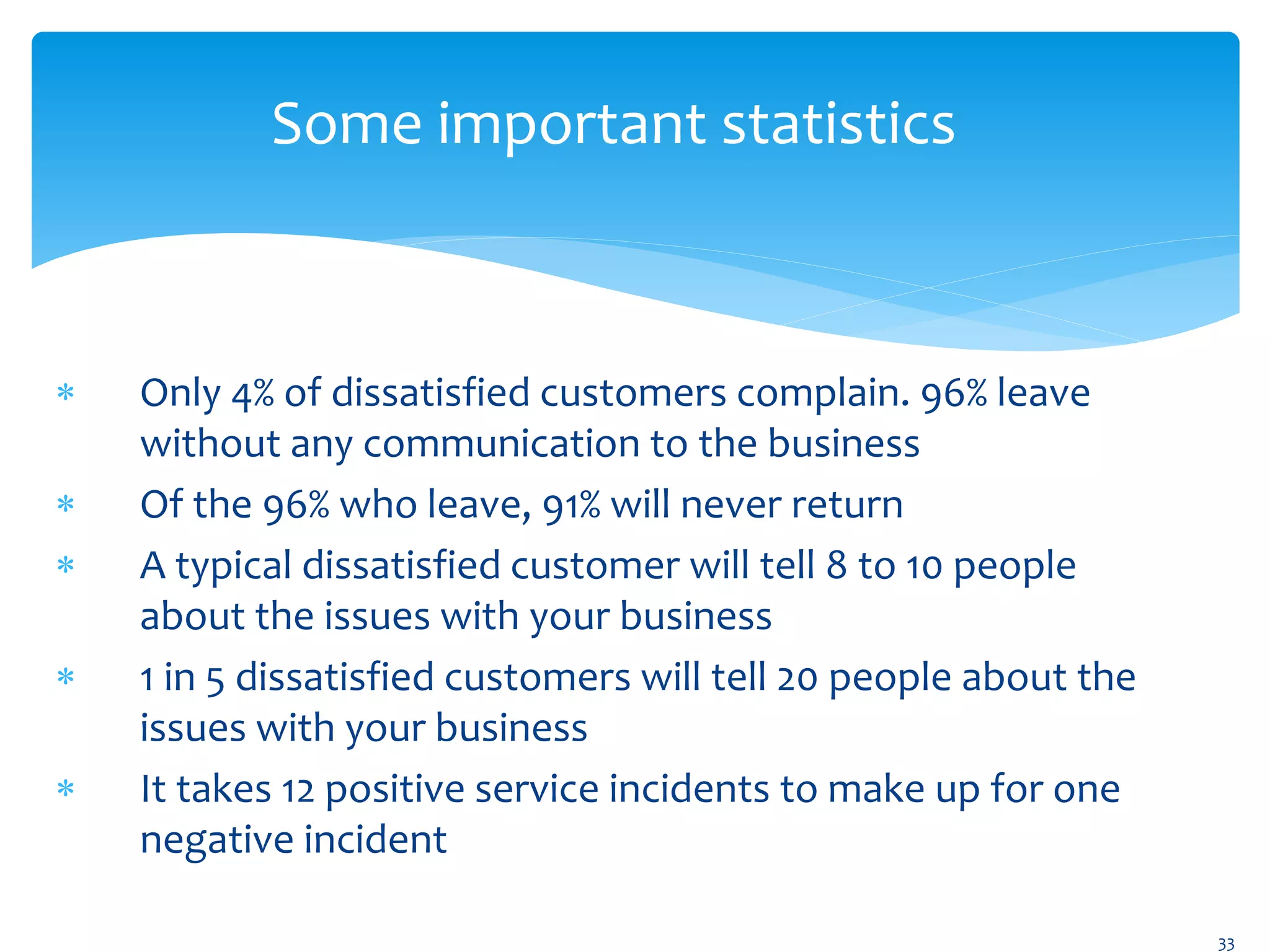 Some important statistics
 Only 4% of dissatisfied customers complain. 96% leave
without any communication to the business
 Of the 96% who leave, 91% will never return
 A typical dissatisfied customer will tell 8 to 10 people
about the issues with your business
 1 in 5 dissatisfied customers will tell 20 people about the
issues with your business
 It takes 12 positive service incidents to make up for one
negative incident
33
 