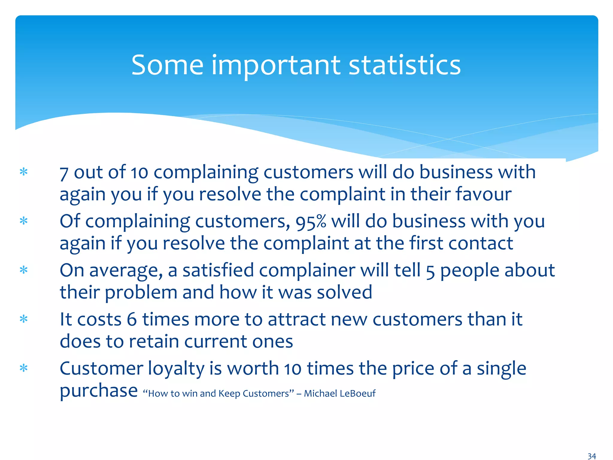 Some important statistics
 7 out of 10 complaining customers will do business with
again you if you resolve the complaint in their favour
 Of complaining customers, 95% will do business with you
again if you resolve the complaint at the first contact
 On average, a satisfied complainer will tell 5 people about
their problem and how it was solved
 It costs 6 times more to attract new customers than it
does to retain current ones
 Customer loyalty is worth 10 times the price of a single
purchase “How to win and Keep Customers” – Michael LeBoeuf
34
 