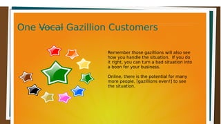 OneOne VocalVocal Gazillion CustomersGazillion CustomersOneOne VocalVocal Gazillion CustomersGazillion Customers
Remember those gazillions will also see
how you handle the situation. If you do
it right, you can turn a bad situation into
a boon for your business.
Online, there is the potential for many
more people, [gazillions even!] to see
the situation.
 