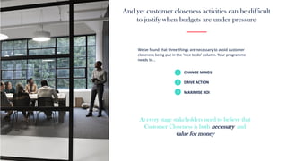 We’ve found that three things are necessary to avoid customer
closeness being put in the ‘nice to do’ column. Your programme
needs to…
And yet customer closeness activities can be difficult
to justify when budgets are under pressure
1
2
3
CHANGE MINDS
DRIVE ACTION
MAXIMISE ROI
At every stage stakeholders need to believe that
Customer Closeness is both necessary and
value for money
 